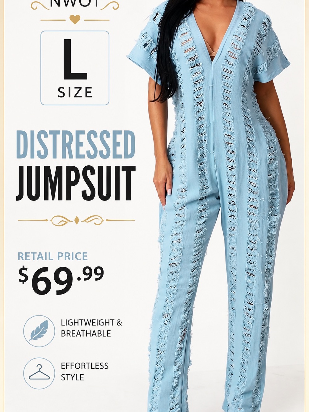 Distressed Light Blue Jumpsuit - Size L